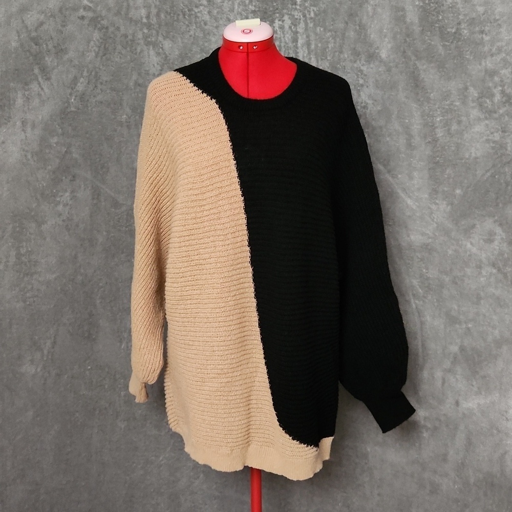 Mud Pie Colorblock Chunky Knit Sweater Tunic Black Beige Balloon Sleeve Small